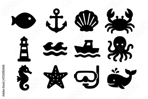 Silhouette icons of marine and nautical elements for sea-themed designs