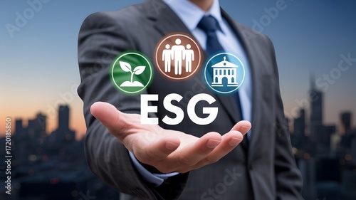 Businessman hand holding glowing ESG icons with plant, people, and courthouse above blurred city skyline at dusk, highlighting sustainability and governance