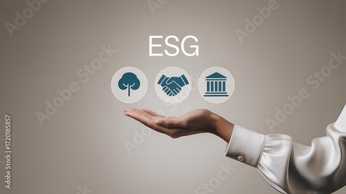 Businesswoman hand holding ESG icons for environment, partnership, and governance on neutral gradient background with professional futuristic theme