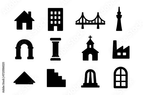 Silhouette icons of architecture: buildings, monuments, and landmarks