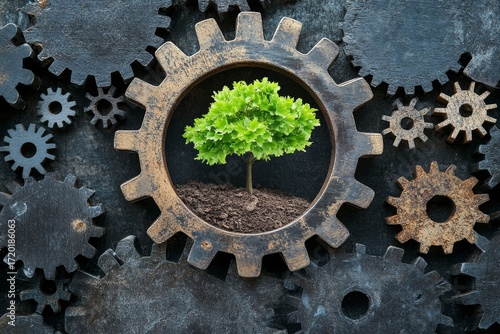 The concept of Nature Meets Industry beautifully illustrates a green tree intermingling with gears and machinery
