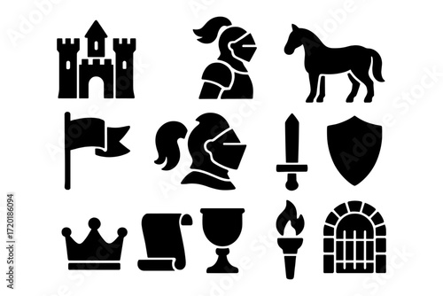 Medieval theme: knight silhouettes and castle icons in black and white