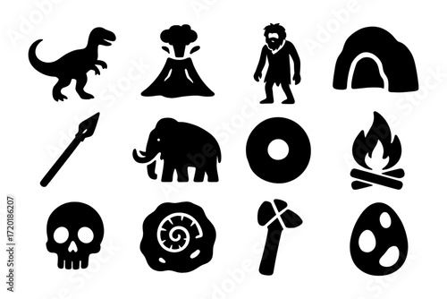 Prehistoric icons set featuring dinosaurs, volcanoes, cavemen, and ancient tools in bold silhouette style