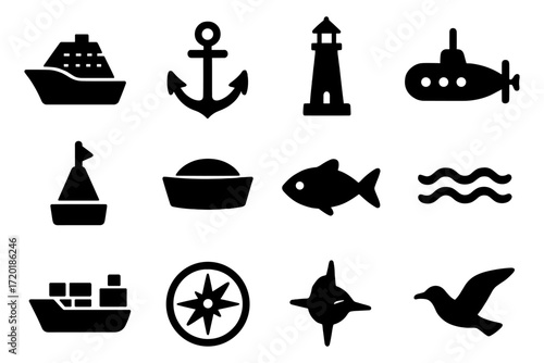 Nautical icons set with boats, anchor, lighthouse, submarine, and marine elements in silhouette style