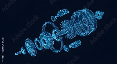 Airplane engine Exploded Wireframe Blueprint of a Jet Engine Turbine with Gears and Bearings image