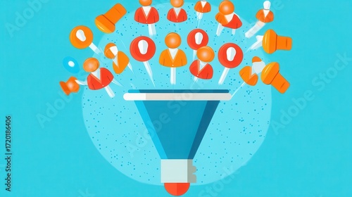 Illustration of people icons flowing into a funnel on a blue background with small dots