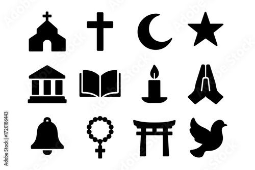 Silhouette religious symbols collection: cross, crescent, star, torii, dove, and more