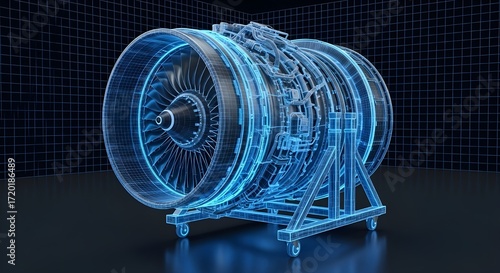Airplane engine Wireframe Blueprint of a Jet Engine Mounted on a Mobile Stand with Wheels mechanical