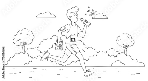 Runner Hydrating During a Marathon Black and White Illustration of Athlete Drinking Water