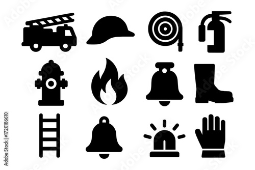 Essential firefighting equipment icons in bold silhouette style