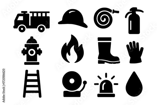Firefighting equipment icons: essential tools and symbols in bold silhouette