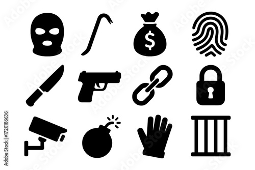 Crime and security icons collection: silhouette set of tools, weapons, and security elements