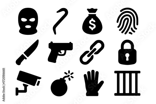 Bold crime and security icons set featuring silhouettes of tools and symbols