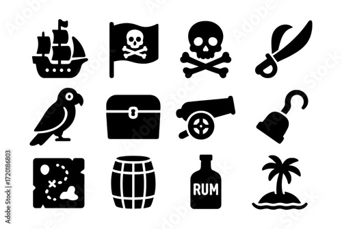 Pirate icons set: black silhouette of ship, skull, and treasure chest