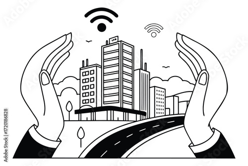 A stylized illustration of hands cradling a city skyline with Wi-Fi signals overhead, representing smart city technology and protection.