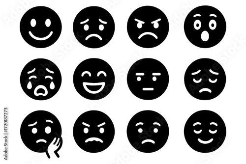 Set of twelve black emoticons with various expressions on white background