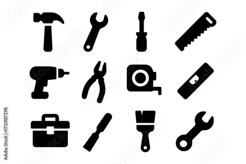Silhouette tools set: hammer, wrench, screwdriver, saw, drill, pliers for diy projects