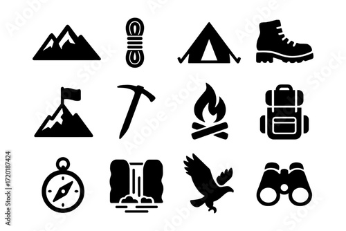 Outdoor adventure icons: camping, hiking, and nature symbols in bold silhouette style