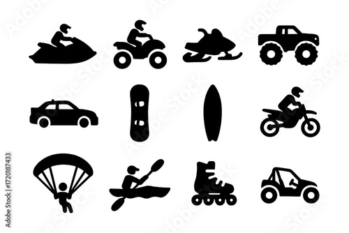 Silhouette icons of adventure sports: vehicles and activities for all seasons