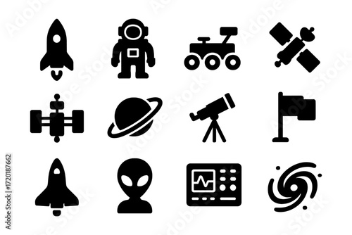 Space exploration icons: rockets, astronaut, satellite, and more