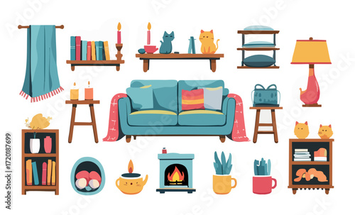 Cozy cartoon living room icons with cats, sofa, shelves, books, candles, fireplace, and plants.