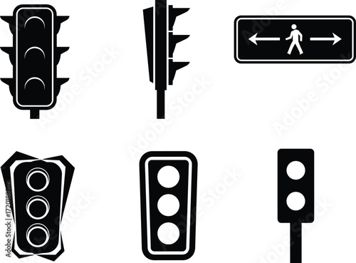 Traffic signal vector illustration, black and white road signs set, pedestrian crossing icons, isolated safety symbols for driving and regulation use
