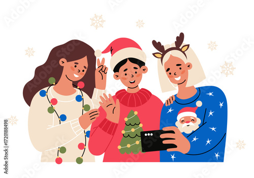 Happy Christmas Women Friends in Santa Hat and Deer Antlers in Xmas Sweaters with Garland Together Taking Selfie. Happy New Year Characters and Holiday Moments. Vector Illustration. Not AI