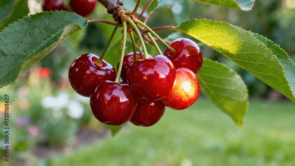 Obraz premium view of a cluster of ripe, red cherries hanging from a branch, highlighted by sunlight, with blurred background of green foliage and flowers.