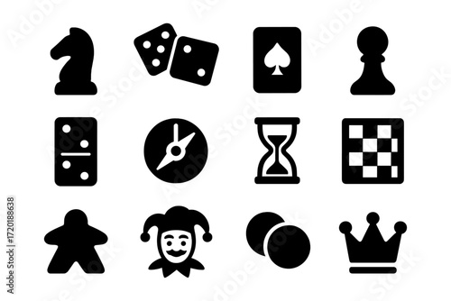 Classic game icon set: chess, cards, dice, and more in bold silhouette style