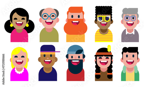An illustration of a set of colorful avatars of different people. Vector collection of portraits of men and women of different nationalities, hairstyles, clothing, and teenagers.