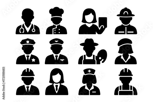 Diverse professional occupations in silhouette style