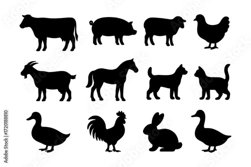 Silhouette farm animals set: cow, pig, sheep, chicken, horse, cat, dog