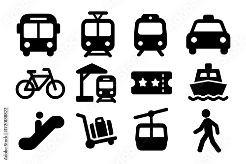 Transportation icon set: modern black silhouette symbols