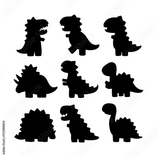 Various cartoon dinosaur silhouettes in playful poses, ideal for children s designs and themed projects