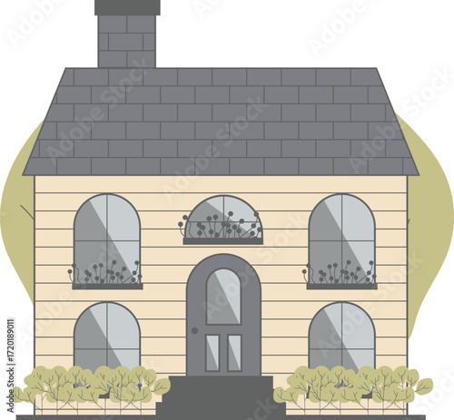 Charming twostory house illustration with grey tiled roof arched windows and beige siding.