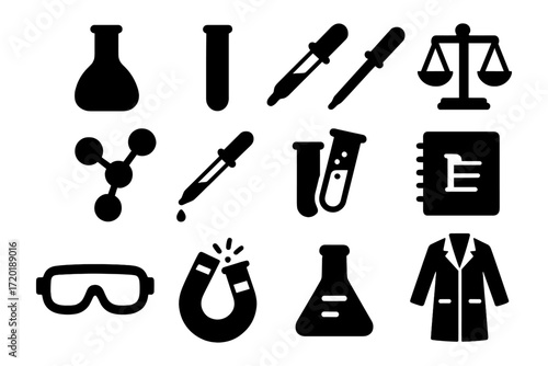Chemistry tools icons set: flasks, pipettes, molecule, beakers, scale, lab coat