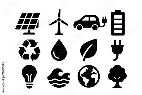 Eco icon set featuring renewable energy and sustainability symbols in bold black silhouette style