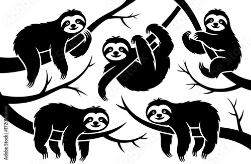 Cute Sloth Hanging on Tree Silhouette Collection