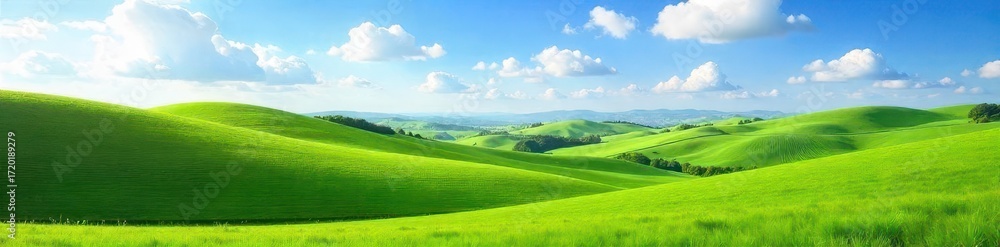 Fototapeta premium A serene countryside landscape with rolling hills, lush green fields, and a clear blue sky , sunny day, beauty