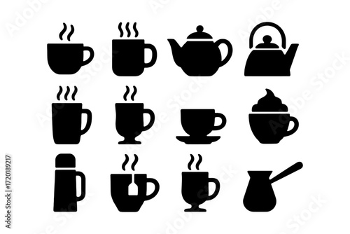 Silhouette collection of coffee and tea cups with steam in minimalist black design