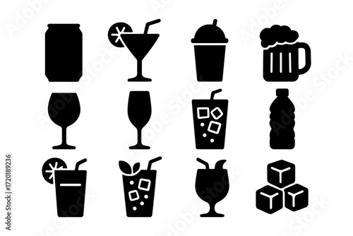 Silhouette icons of various beverages and drinks for menu design