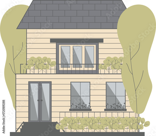 Twostory house with beige siding dark gray roof balcony and front steps flat illustration style.