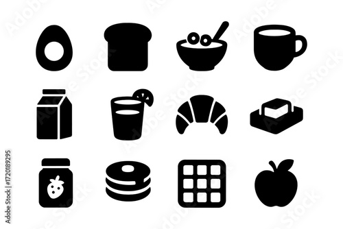 Breakfast icons set: simple silhouette of popular morning foods and drinks