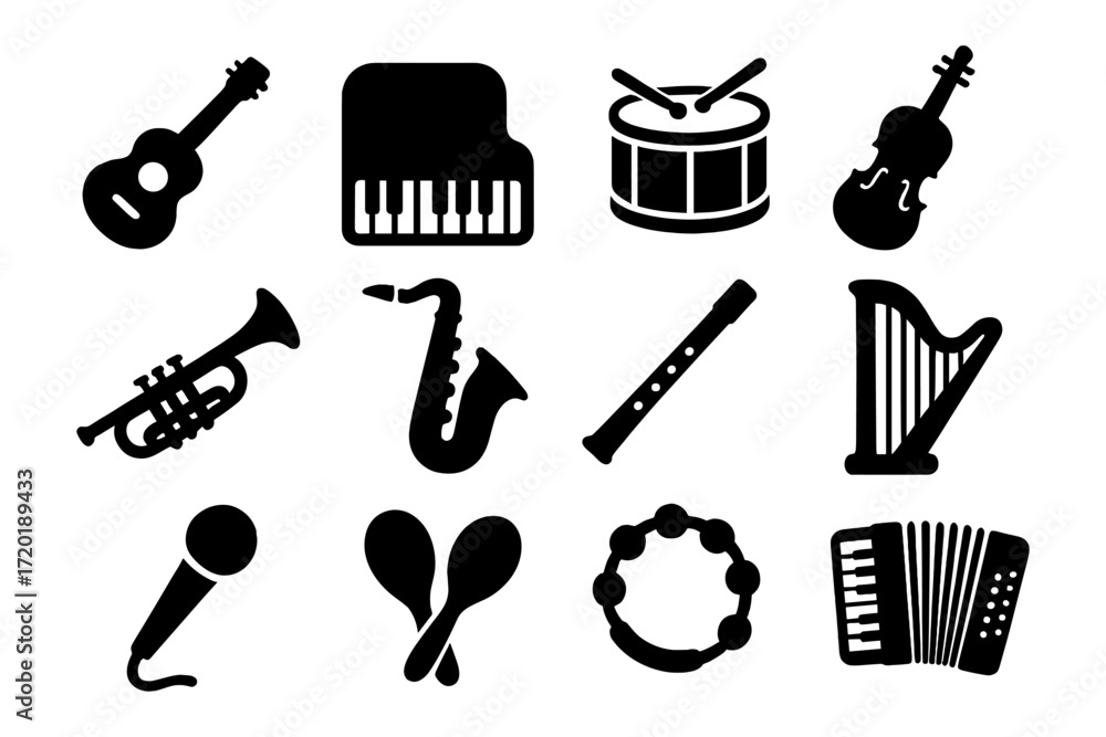 Obraz premium Silhouette musical instruments collection: guitar, piano, drums, violin, and more