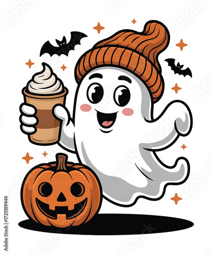Cute ghost holding coffee cup with pumpkin