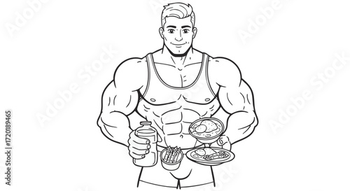 Muscular bodybuilder holding a protein shaker and a healthy meal, representing a fitness nutrition and diet plan