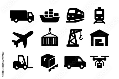 Transportation and logistics icons set: silhouette shipping, delivery, and freight symbols