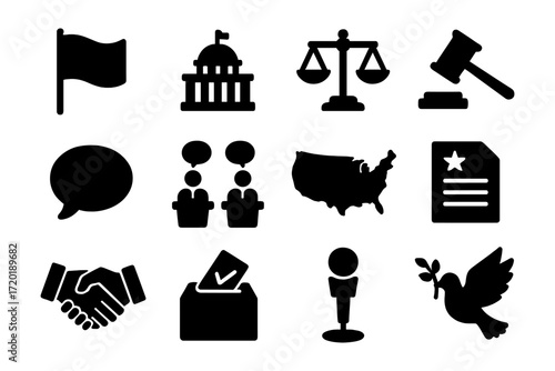 Icons of democracy and justice: government, voting, and peace symbols in silhouette style