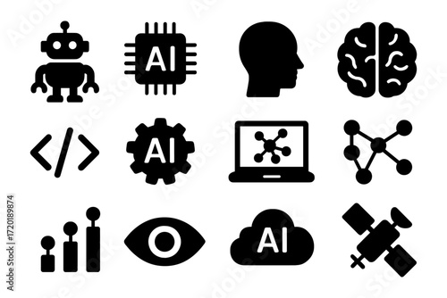 Ai technology icons: robotics, neural networks, and machine learning symbols