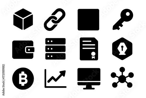 Blockchain technology elements: cryptocurrency icons for digital security and finance